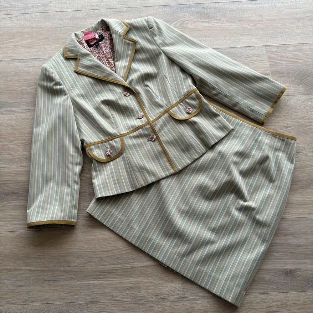 Isabel & Nina Mint Green & Cream Striped Suit Skirt Set Women's 8